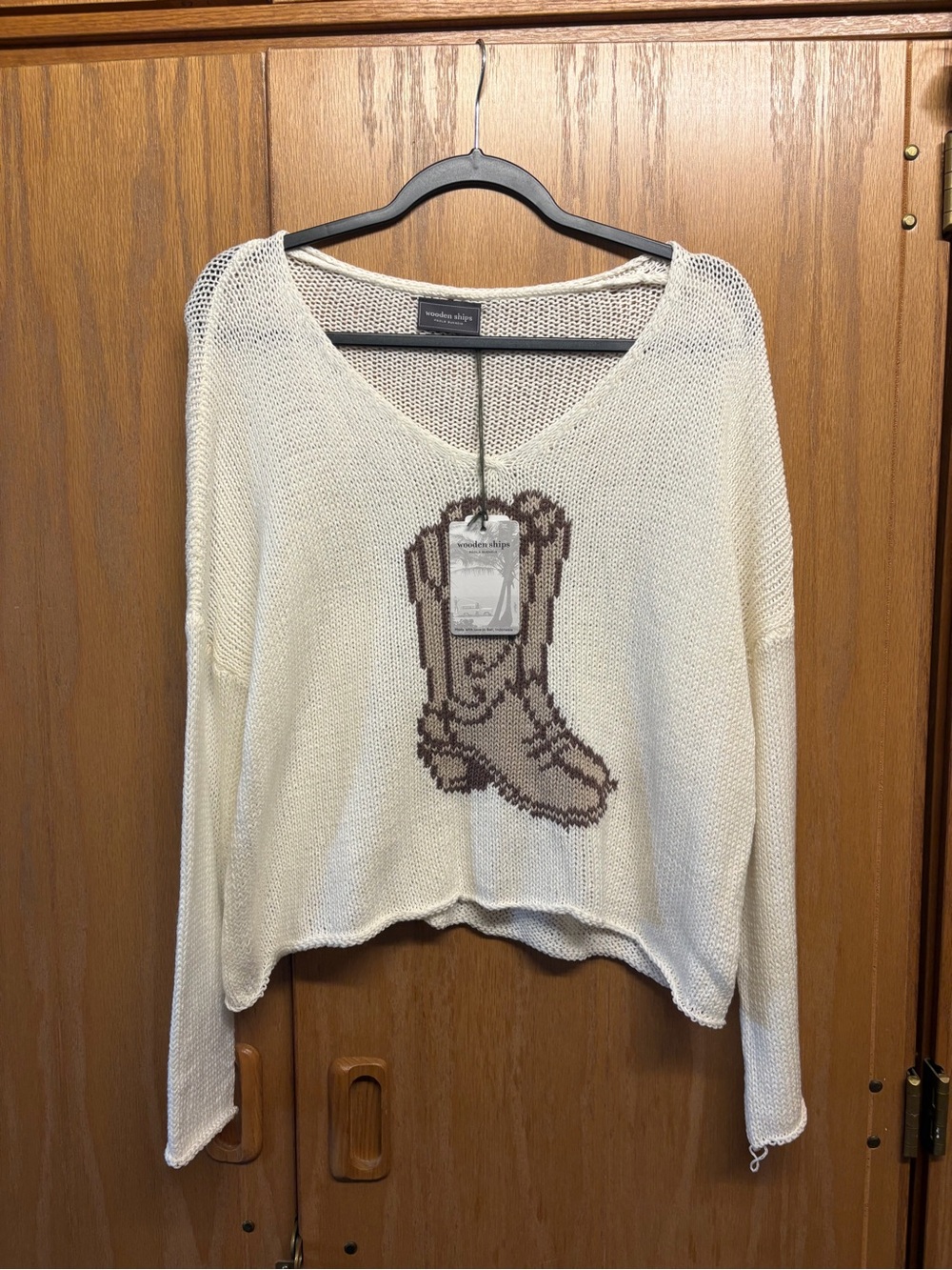 Wooden Ships Cream V-Neck Sweater with Brown Boot Motif